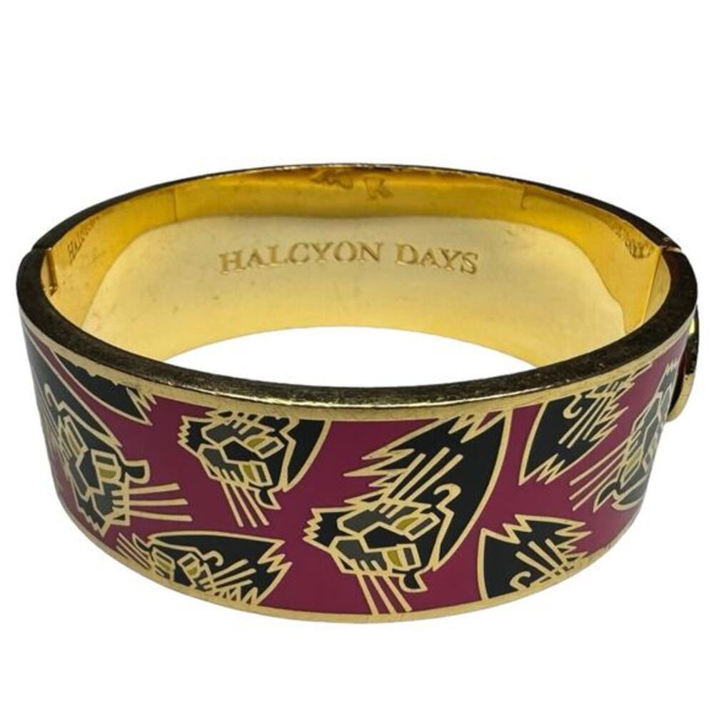 Halcyon Days Panther Bangle Berry Enamel /Gold 8 CT Gold Plated Hinged